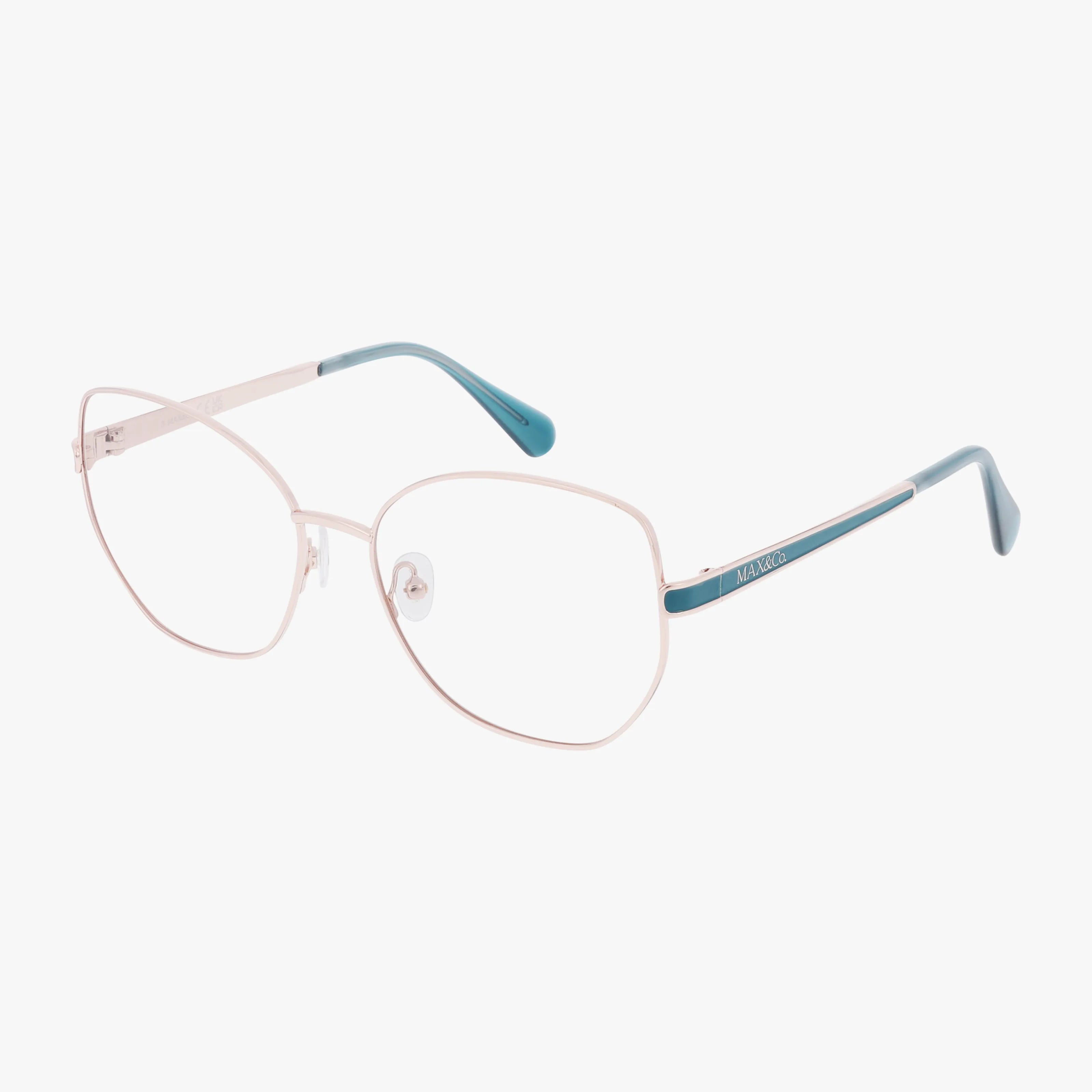 The Max & Co MO5140 features silver metal frames with oversized geometric lenses and teal temple tips, stylishly showcased on a white background—perfect for enhancing your eyewear collection and ideal for online shopping.