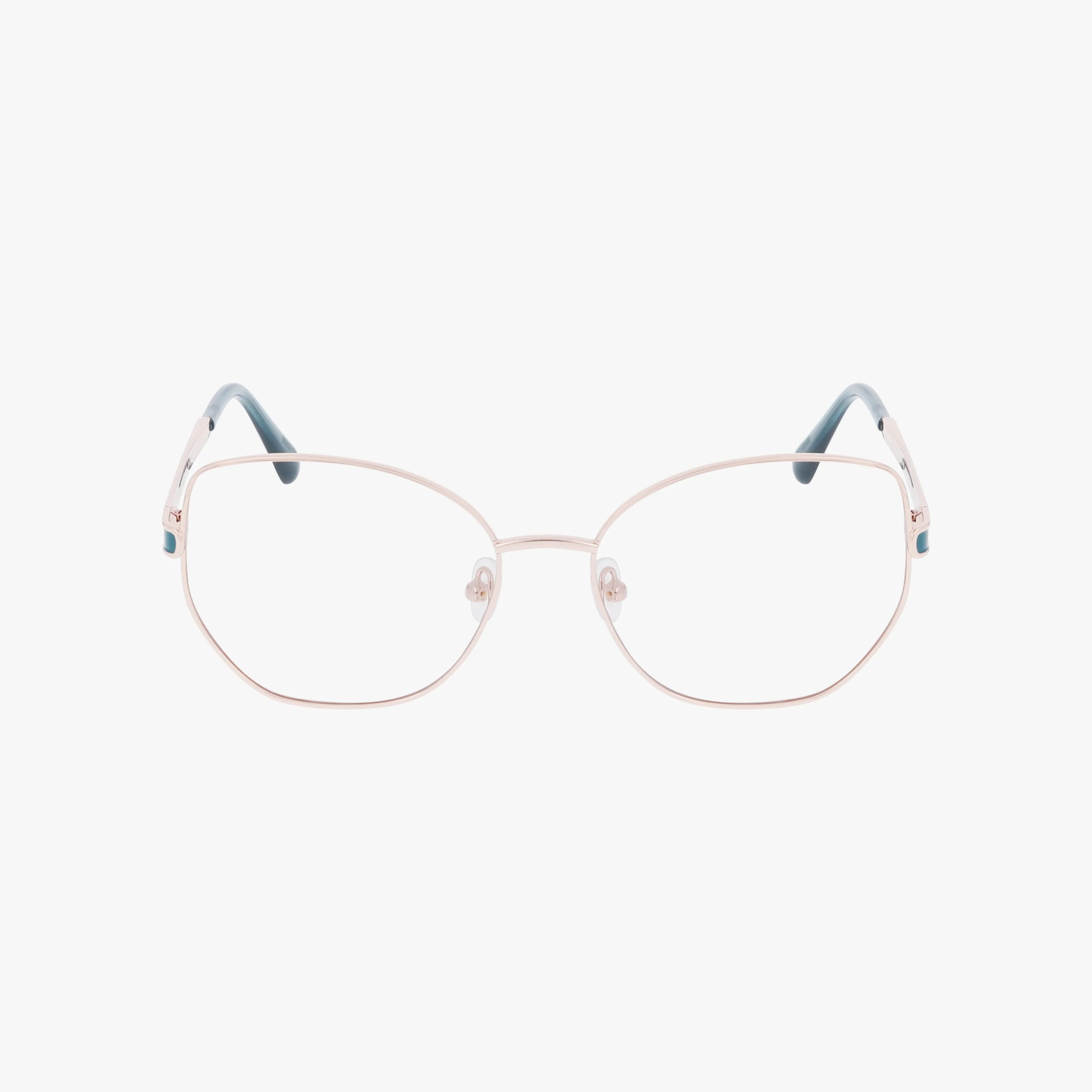 The Max & Co MO5140 eyeglasses feature thin, light-colored metal rims with slightly geometric lenses and temples accented in a darker hue at the ends—stylish frames shown on a plain white background.