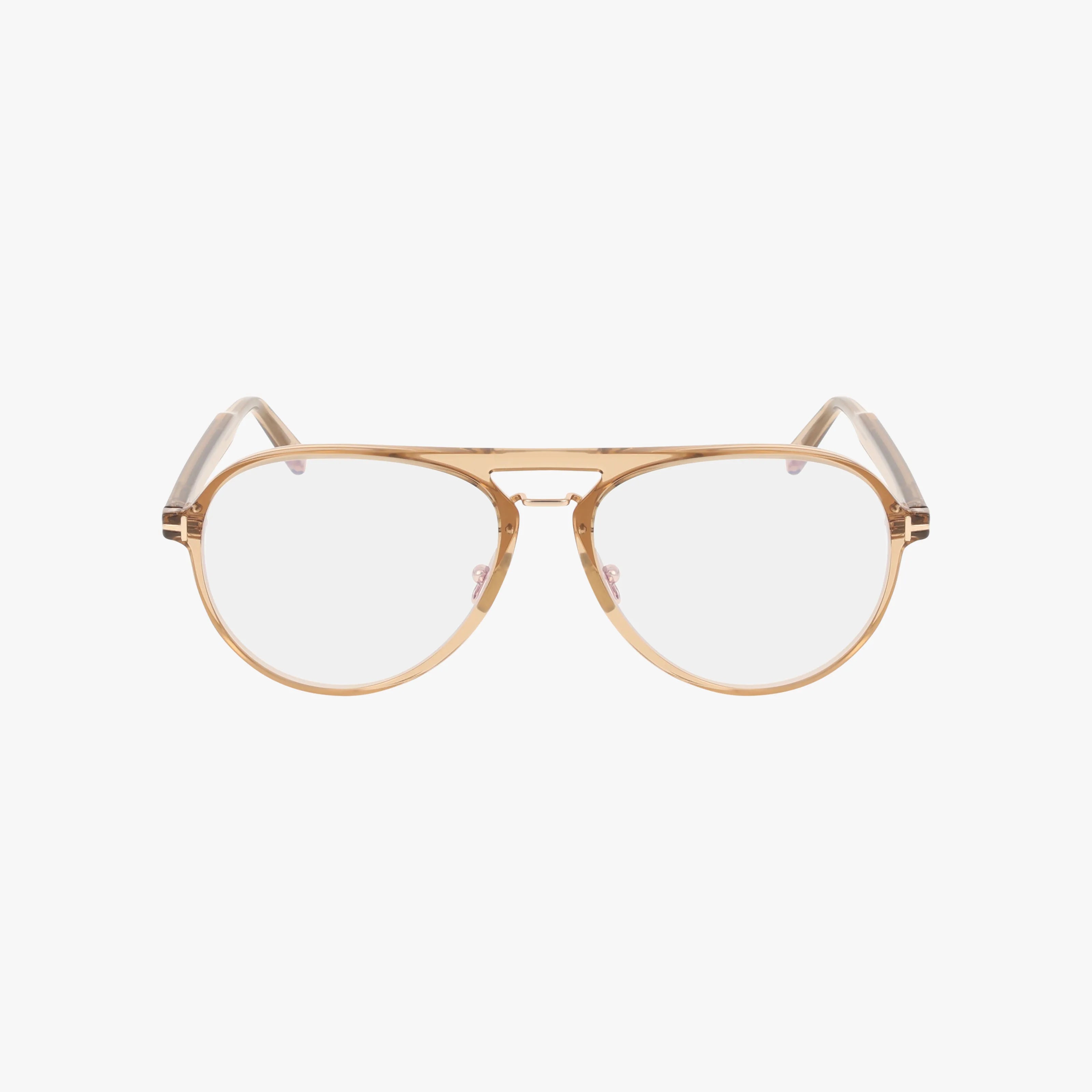 The Tom Ford FT5981-B gold metal aviator eyeglass frames with clear lenses offer a distinct style and functional design, shown on a white background.