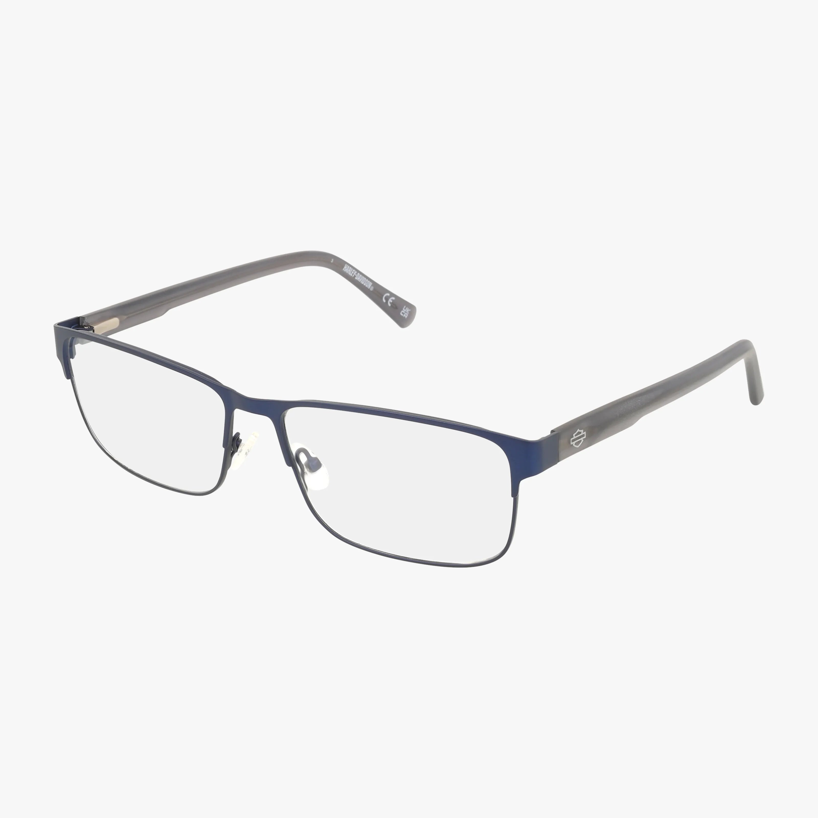 The Harley Davidson HD50062 features a rectangular tailored frame in thin blue metal with black arms, clear lenses, and adjustable nose pads for a modern look, displayed on a white background.