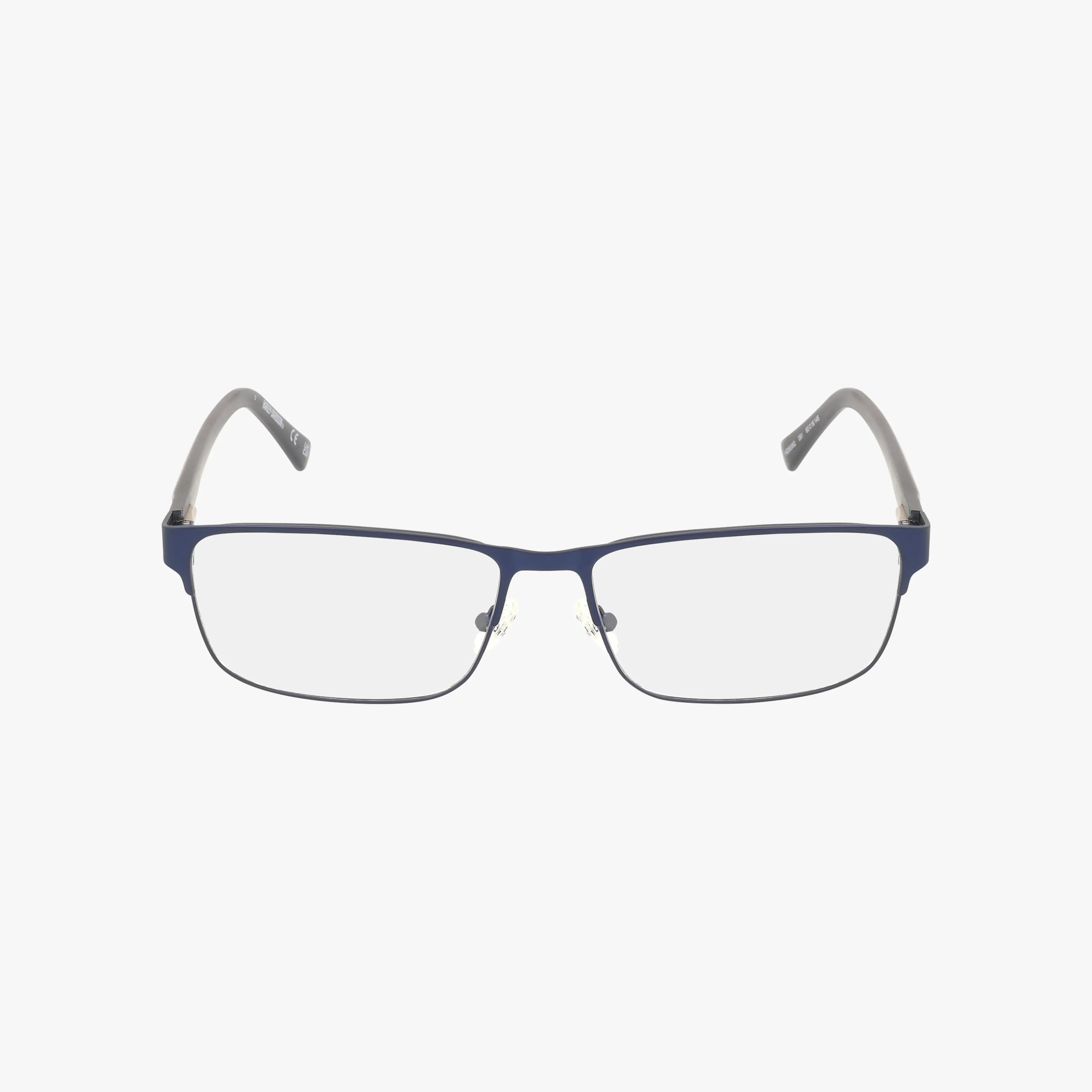 The Harley Davidson HD50062 is a pair of rectangular eyewear with navy blue rims, clear lenses, and gray arms in a modern, tailored frame design, shown against a white background.