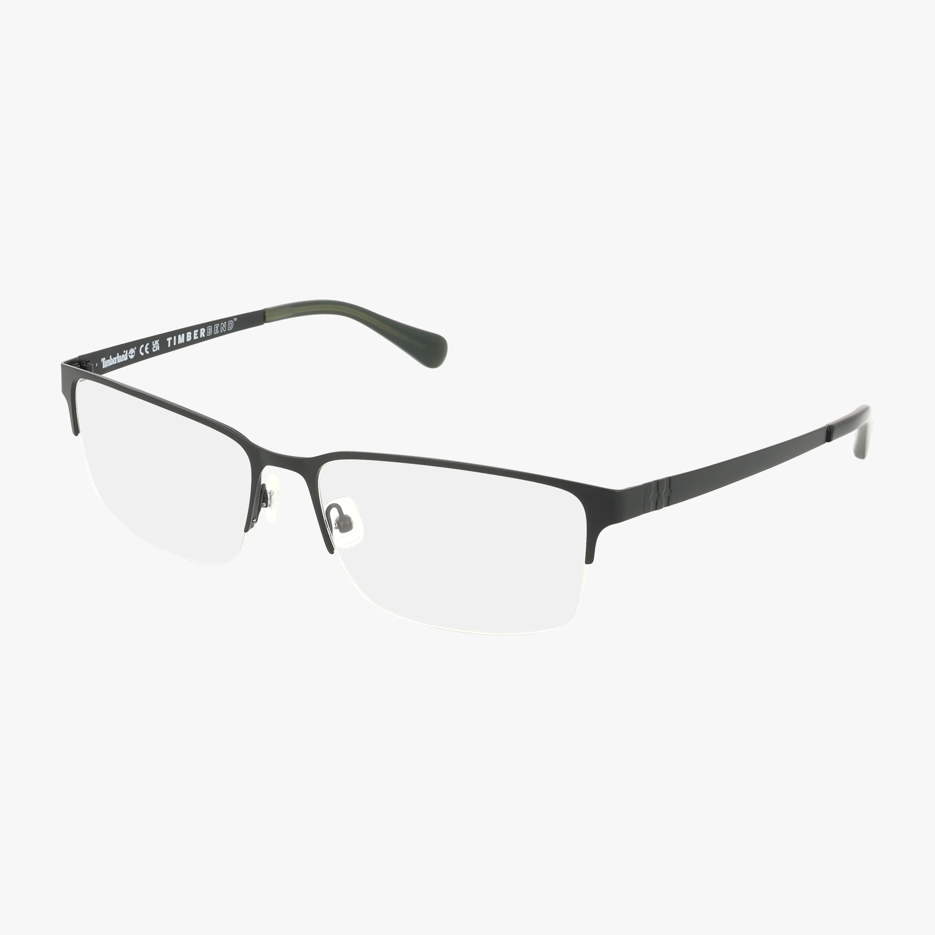 The Timberland TB50037 eyeglasses feature a black matte rectangular semi-rimless design with modern thin metal frames and clear prescription lenses, displayed on a white background.
