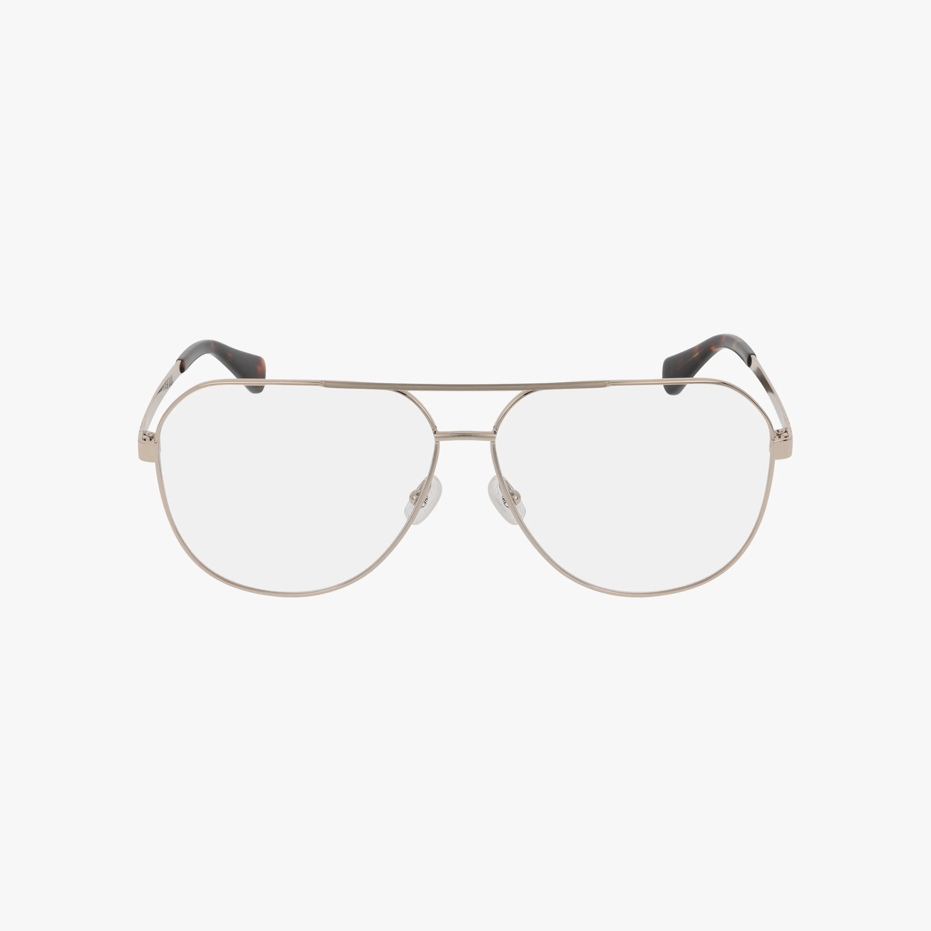 The Timberland TB50057 eyeglasses feature a silver aviator frame, clear lenses, and black temple tips—perfect for everyday wear. Displayed against a plain white background.