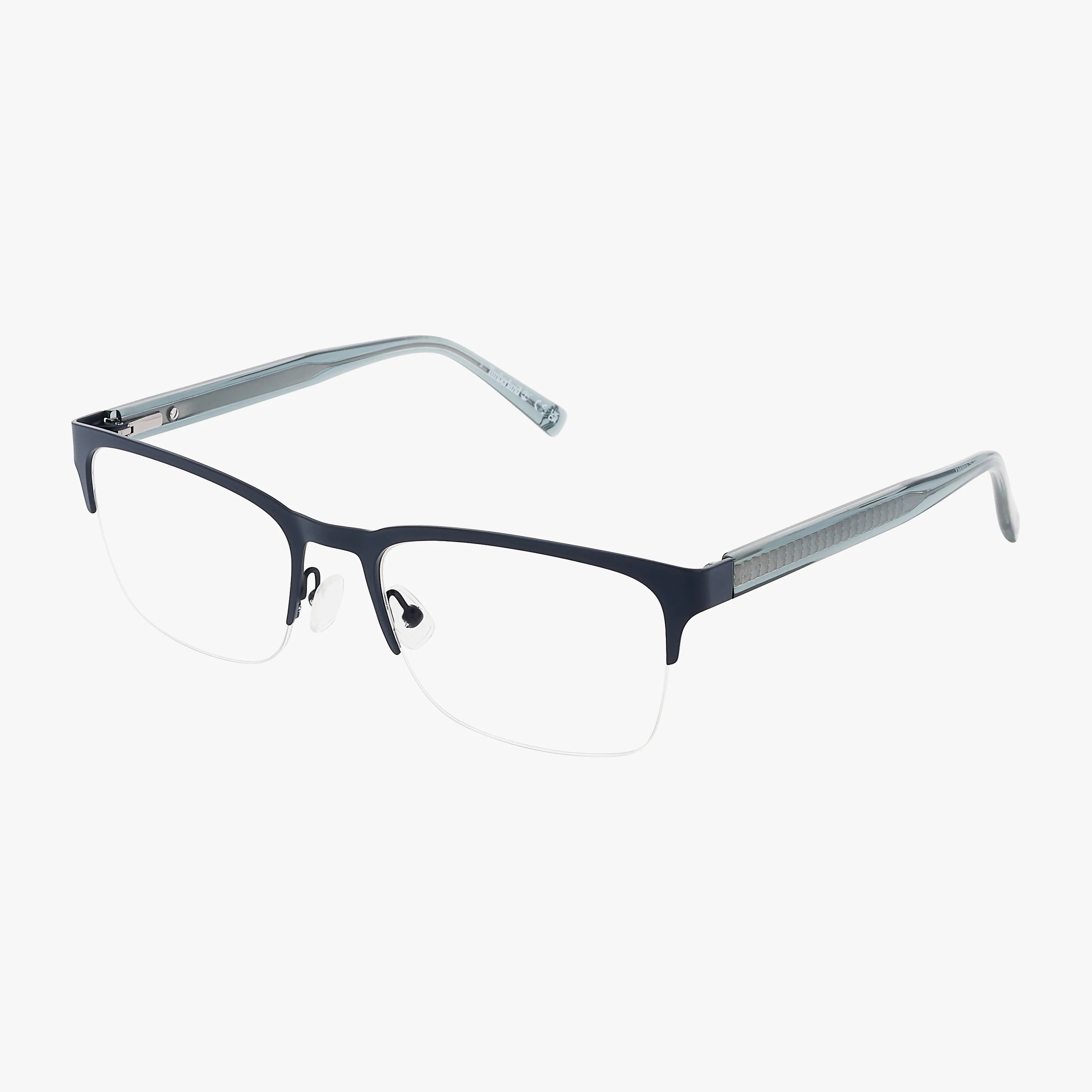 The Timberland TB50083 features a semi-rimless, matte blue frame with clear, textured thin arms. Lightweight and fitted with adjustable nose pads and rectangular lenses, these eyeglasses are perfect for everyday wear.