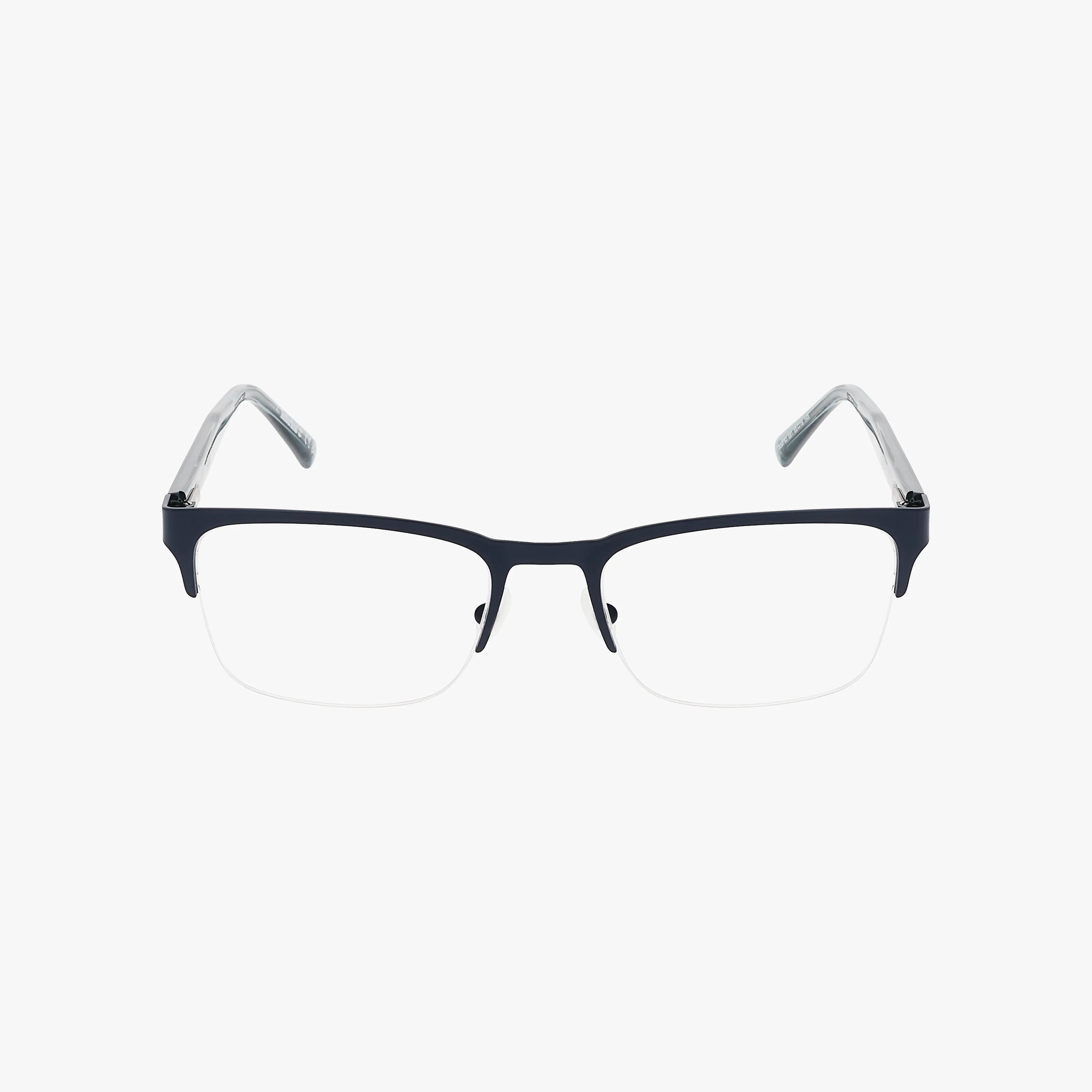 The Timberland TB50083 half-rim eyeglasses feature a dark, thin upper frame, transparent nose pads, and slim grey or silver temples. Lightweight and shown on a white background, they're perfect for daily wear.