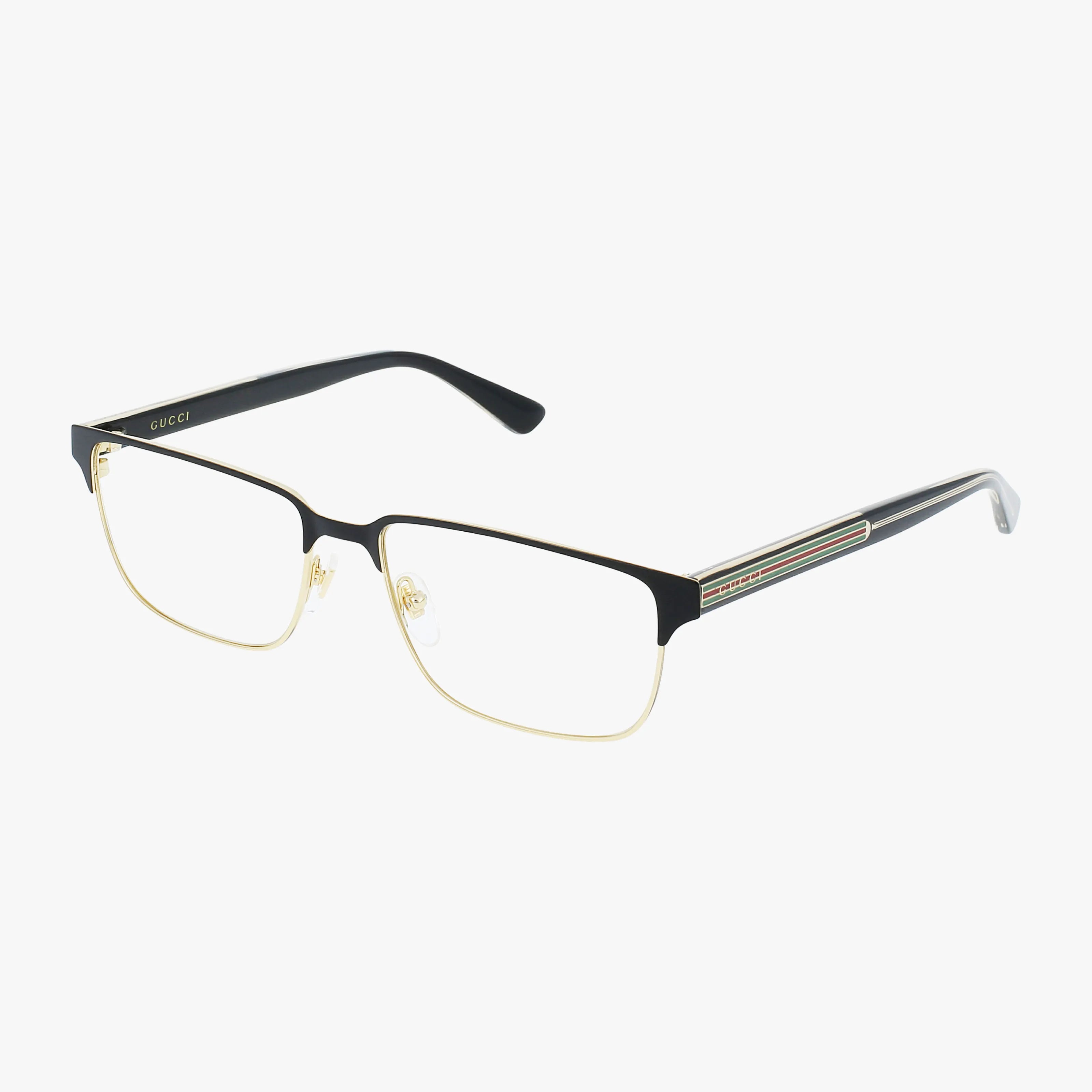 The Gucci GG0383O eyeglass frame features sleek black and gold rectangular rims, thin temples, and subtle red-green stripe accents on the arms for timeless elegance. Shop online to add this stylish accessory to your wardrobe.