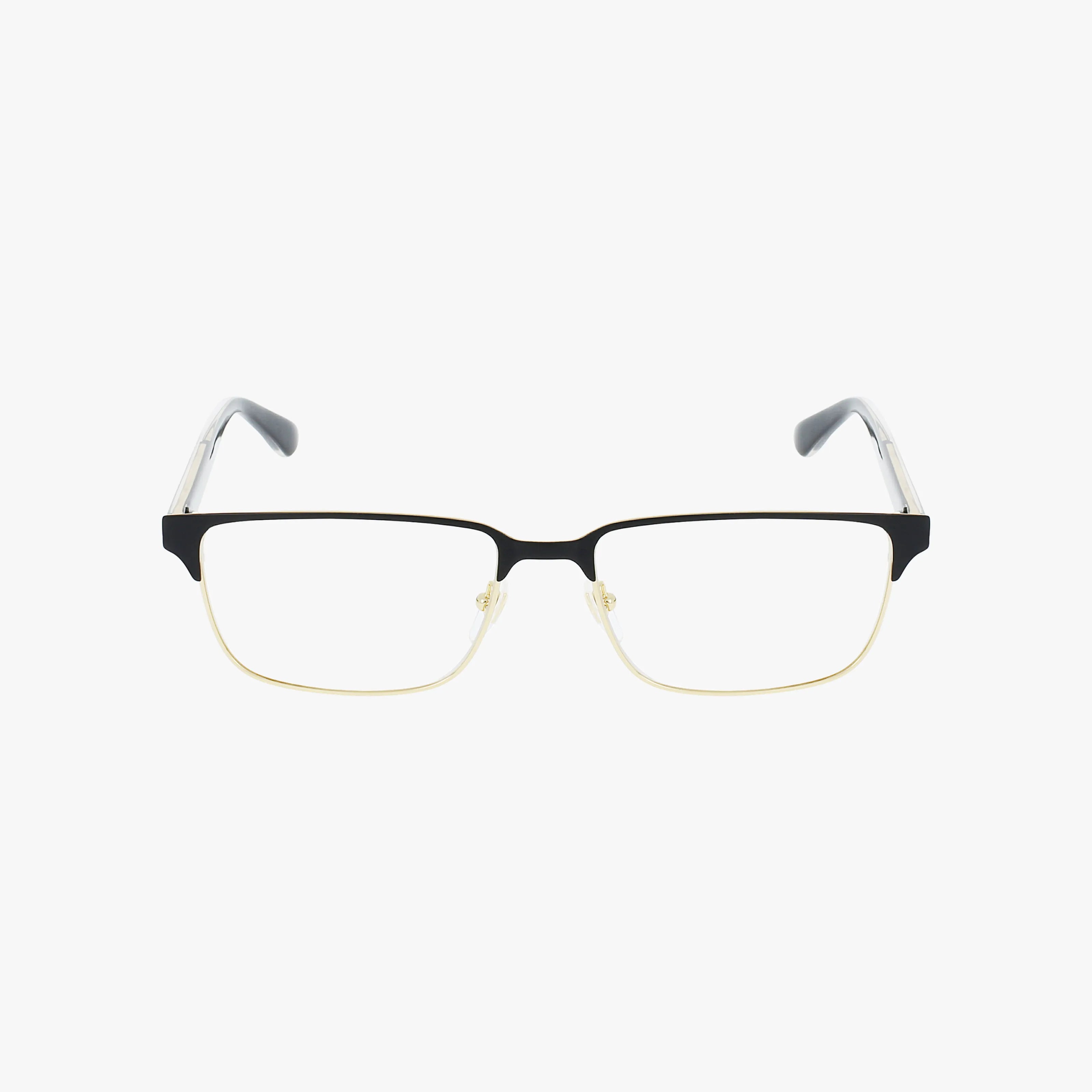 The Gucci GG0383O eyeglass frame features a black upper, gold lower rims, clear nose pads, and clear temple tips for timeless elegance—ideal for online shoppers. Displayed on a white background.