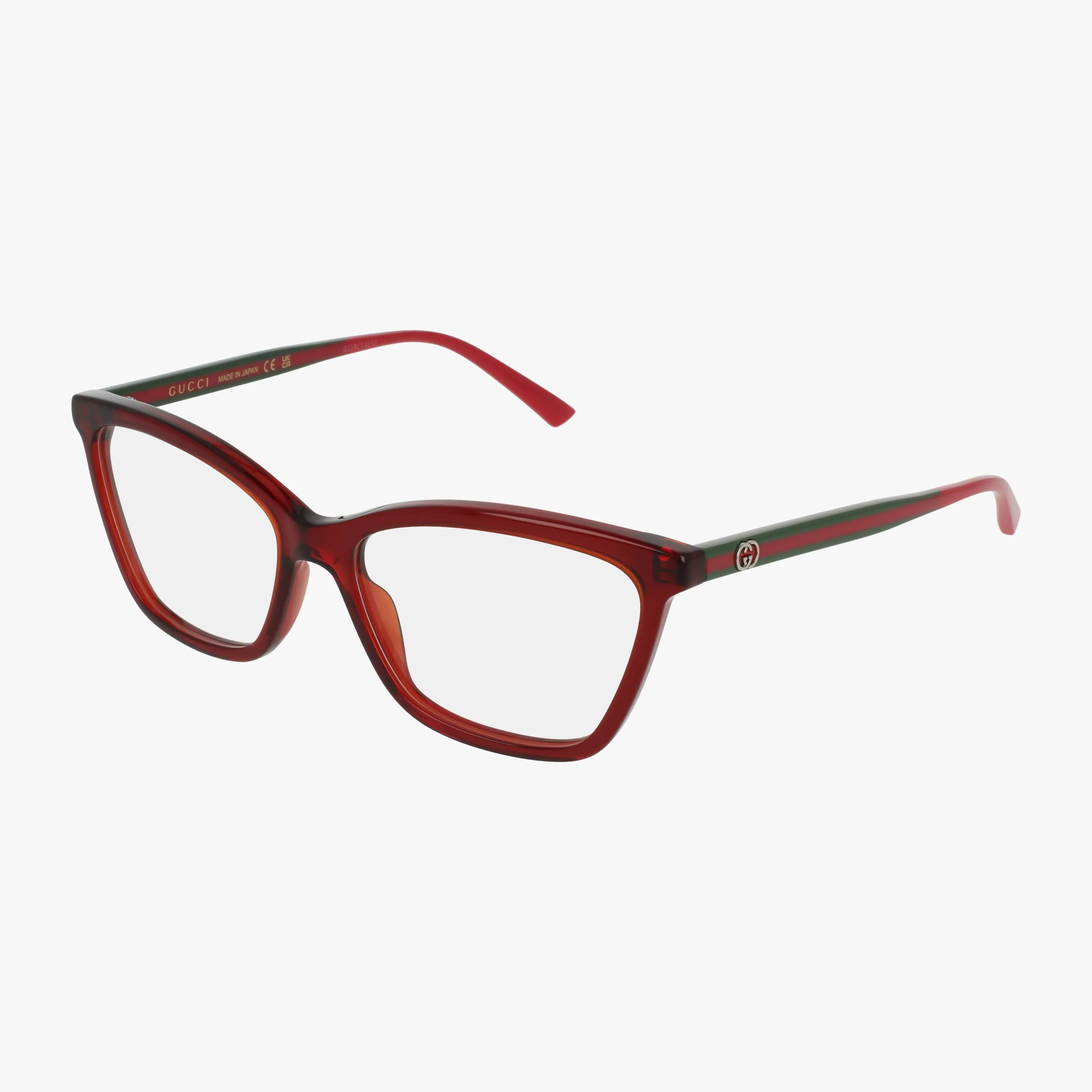 Gucci 1989O eyewear in Red Dark, featuring a rectangular frame, clear prescription lenses, black and green striped arms, and a small Gucci logo on the temples. Versatile design shown on a white background.
