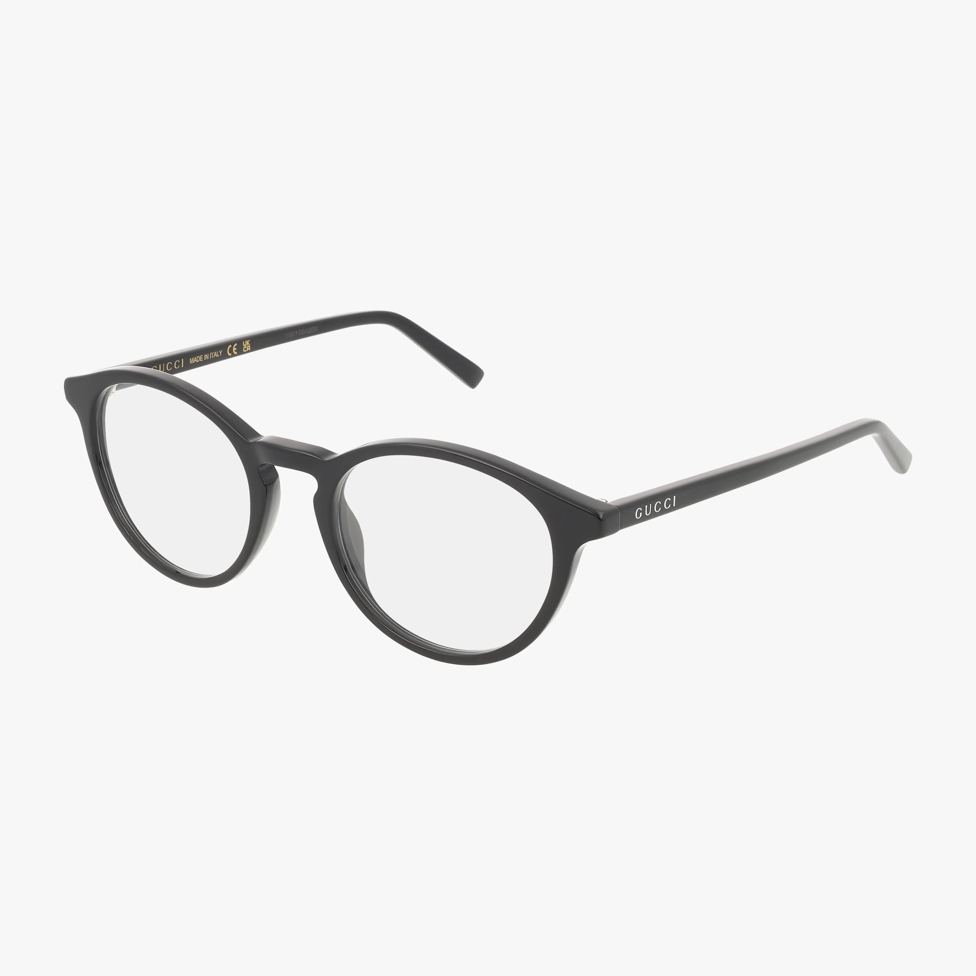 The Gucci GG1998O black eyeglasses feature a sleek round frame, clear lenses, and a subtle logo on the arms, shown on a white background—stylish and versatile for any occasion.