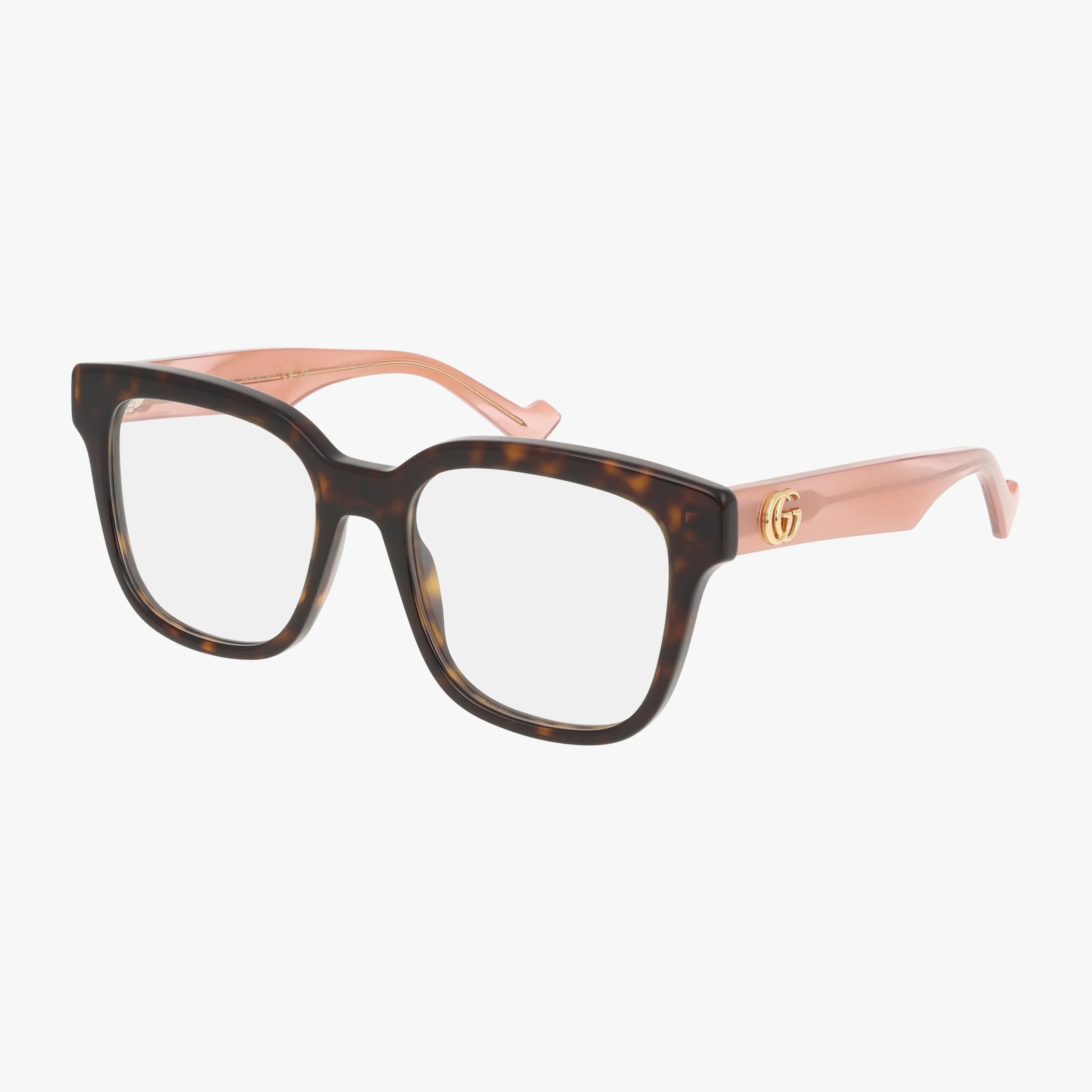 The Gucci 0958O eyeglasses feature square tortoise pink frames with translucent pink arms and a gold GG logo on the hinge, offering a lightweight design perfect for everyday wear.