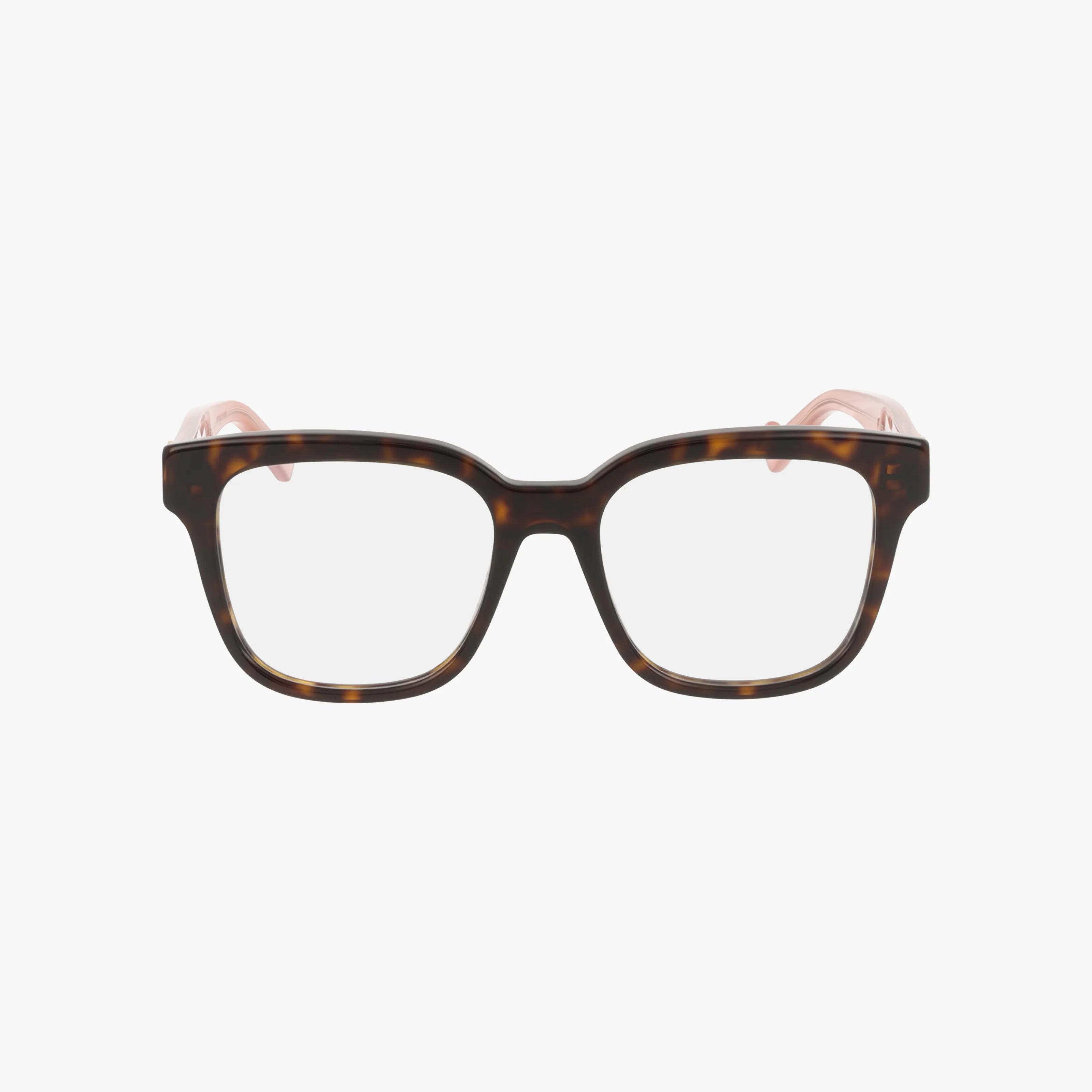 Gucci 0958O rectangular eyeglasses feature a dark tortoiseshell lightweight frame and clear lenses. The temples have a slight translucent pink hue, offering a stylish look for daily wear. Shown on a white background.